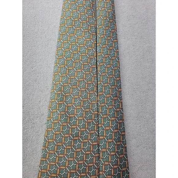 Hermes Men's OS Designer Necktie 100% Silk Green Gold Print Business Work Tie